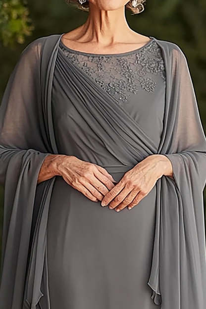 Grey Scoop Tea Length Chiffon Mother of the Bride Dress with Shawl
