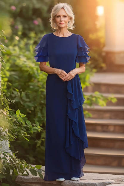 Leely Women Navy Sheath Long Chiffon Mother of the Bride Dress with Ruffles Scoop Neck Wedding Guest Dress