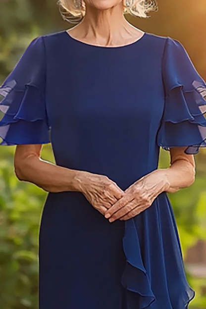 Navy Sheath Long Chiffon Mother of the Bride Dress with Ruffles