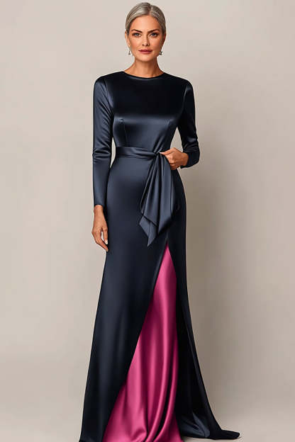 Leely Women Navy Satin Sheath Mother of the Bride Dress with Sash Long Sleeves Maxi Formal Gala Dress