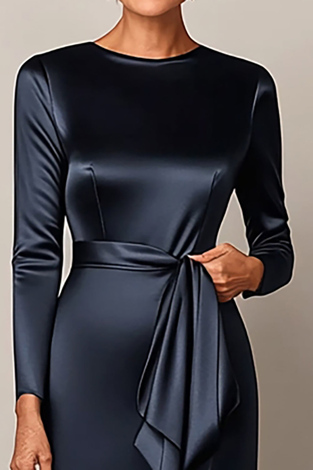 Navy Satin Sheath Mother of the Bride Dress with Sash