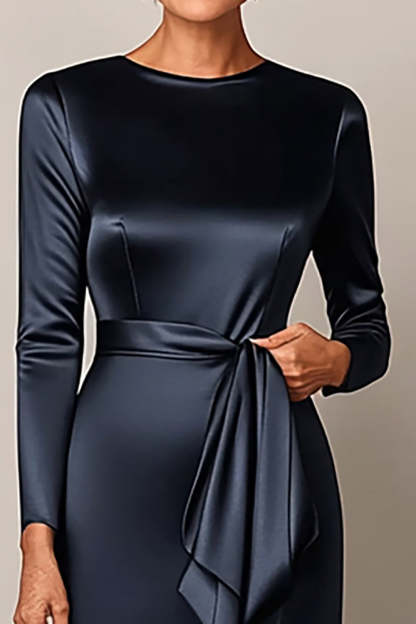 Navy Satin Sheath Mother of the Bride Dress with Sash