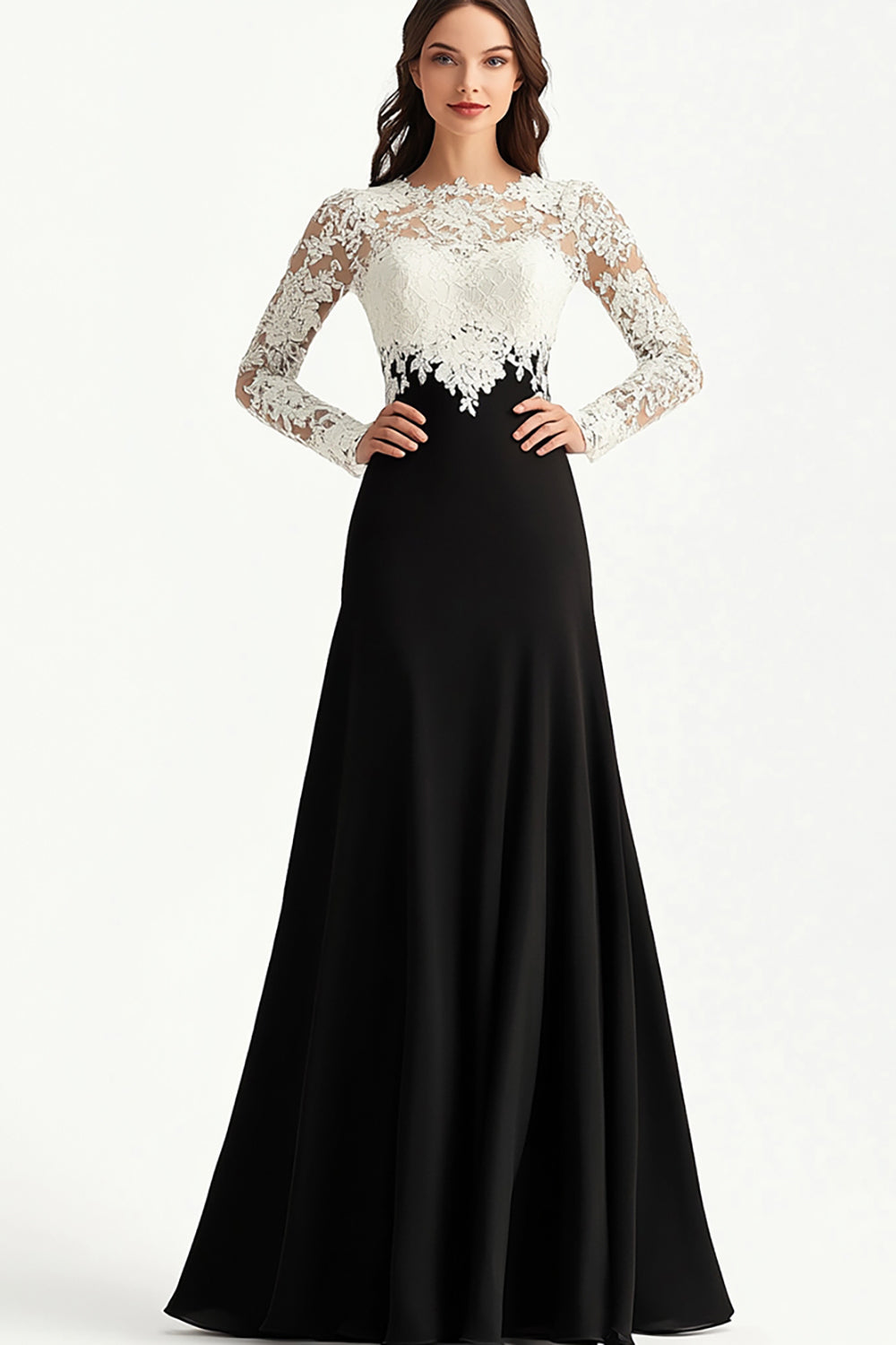 White Black A-Line Lace Applique Mother of the Bride Dress