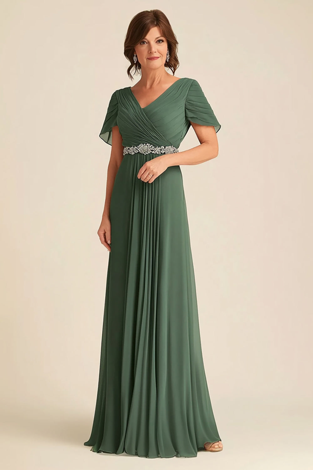 Leely Women Eucalyptus Chiffon V-Neck Mother of the Bride Dress Cap Sleeves A-Line Maxi Wedding Guest Dress