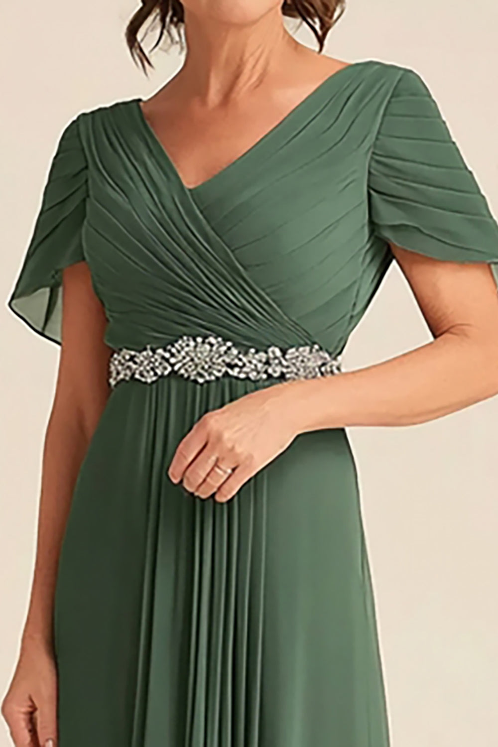 Eucalyptus Chiffon V-Neck Cap Sleeves Mother of the Bride Dress