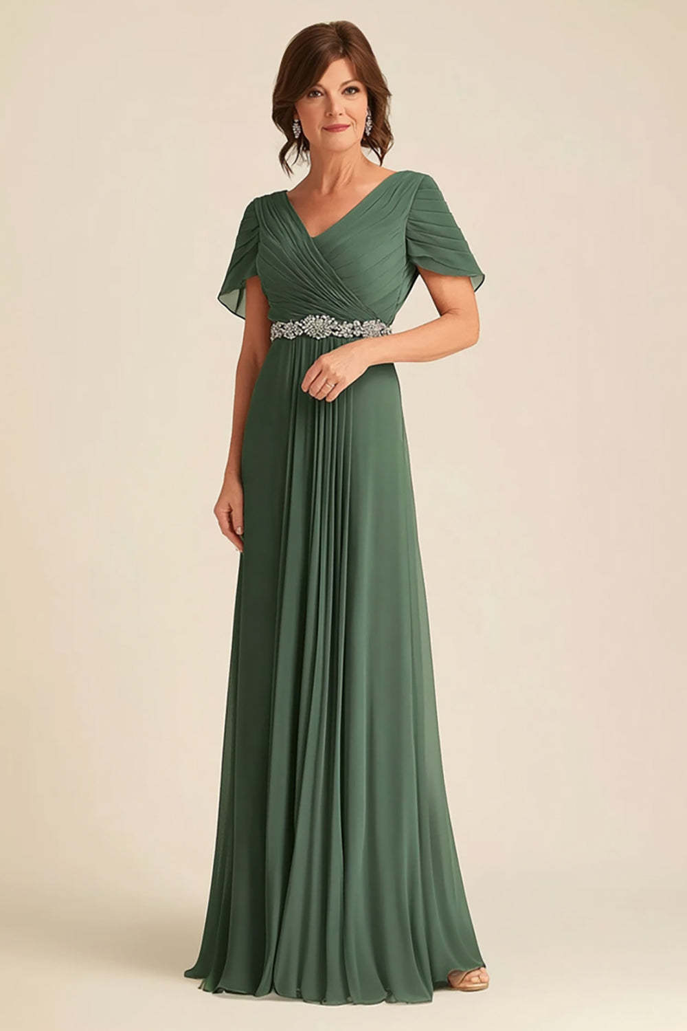 Leely Women Eucalyptus Chiffon V-Neck Mother of the Bride Dress Cap Sleeves A-Line Maxi Wedding Guest Dress
