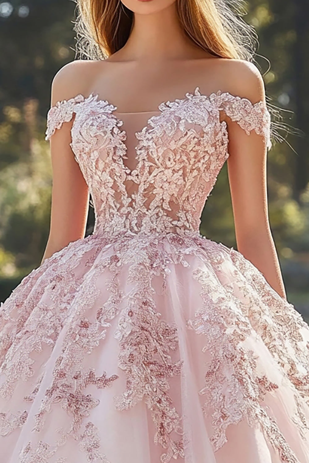 Blush Off the Shoulder Ball Gown Maxi Tulle Quinceanera Dress with Appliques