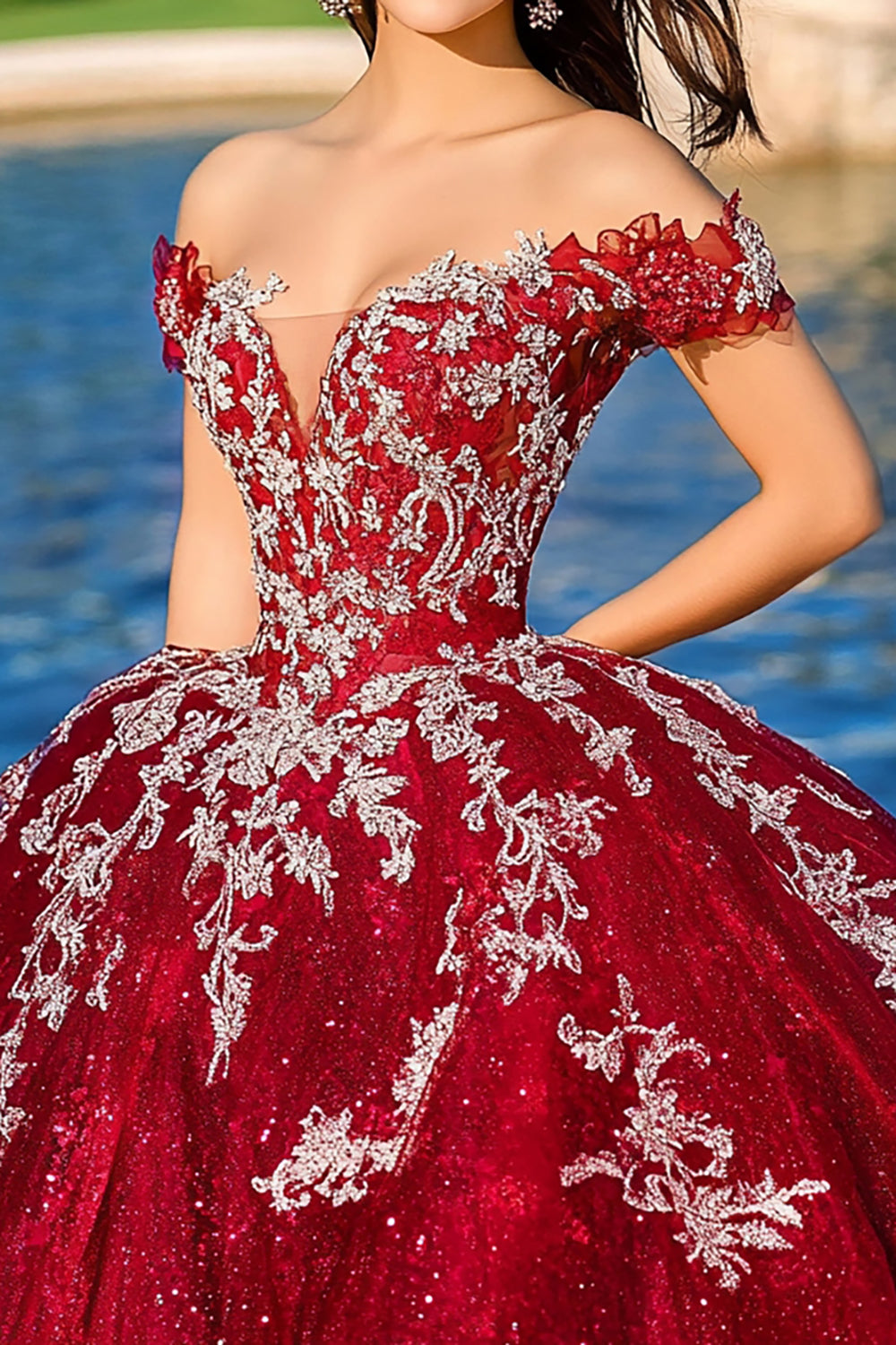 Glitter Burgundy Ball Gown Off the Shoulder Tulle Quinceanera Dress with Appliques