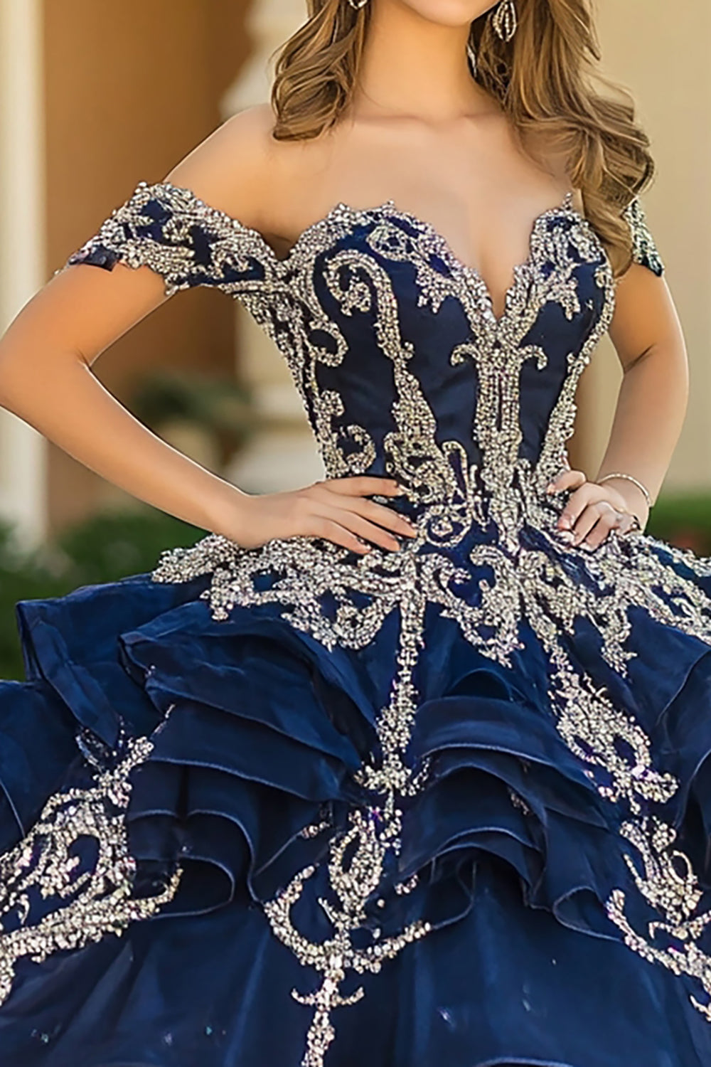 Glitter Navy Princess Off the Shoulder Tiered Quinceanera Dress with Ruffles