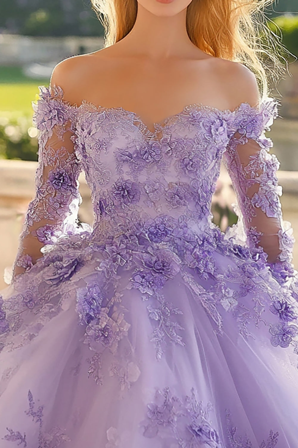 Lilac Princess Tulle Maxi Appliqued Quinceanera Dress with Long Sleeves