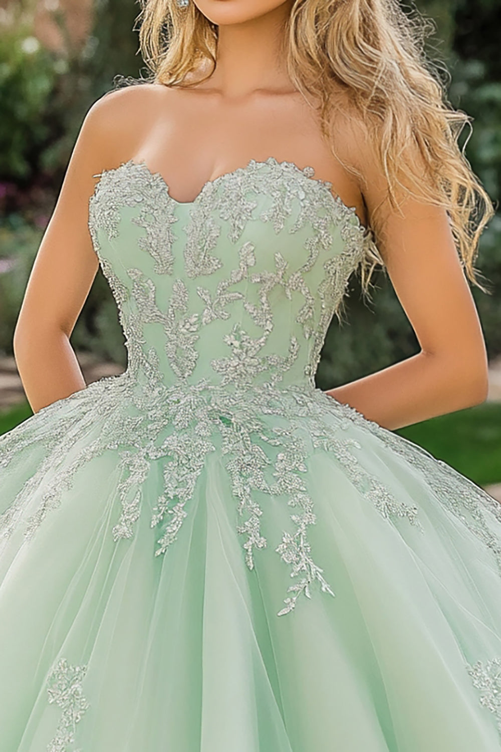 Mint Ball Gown Tulle Sweetheart Appliqued Maxi Quinceanera Dress