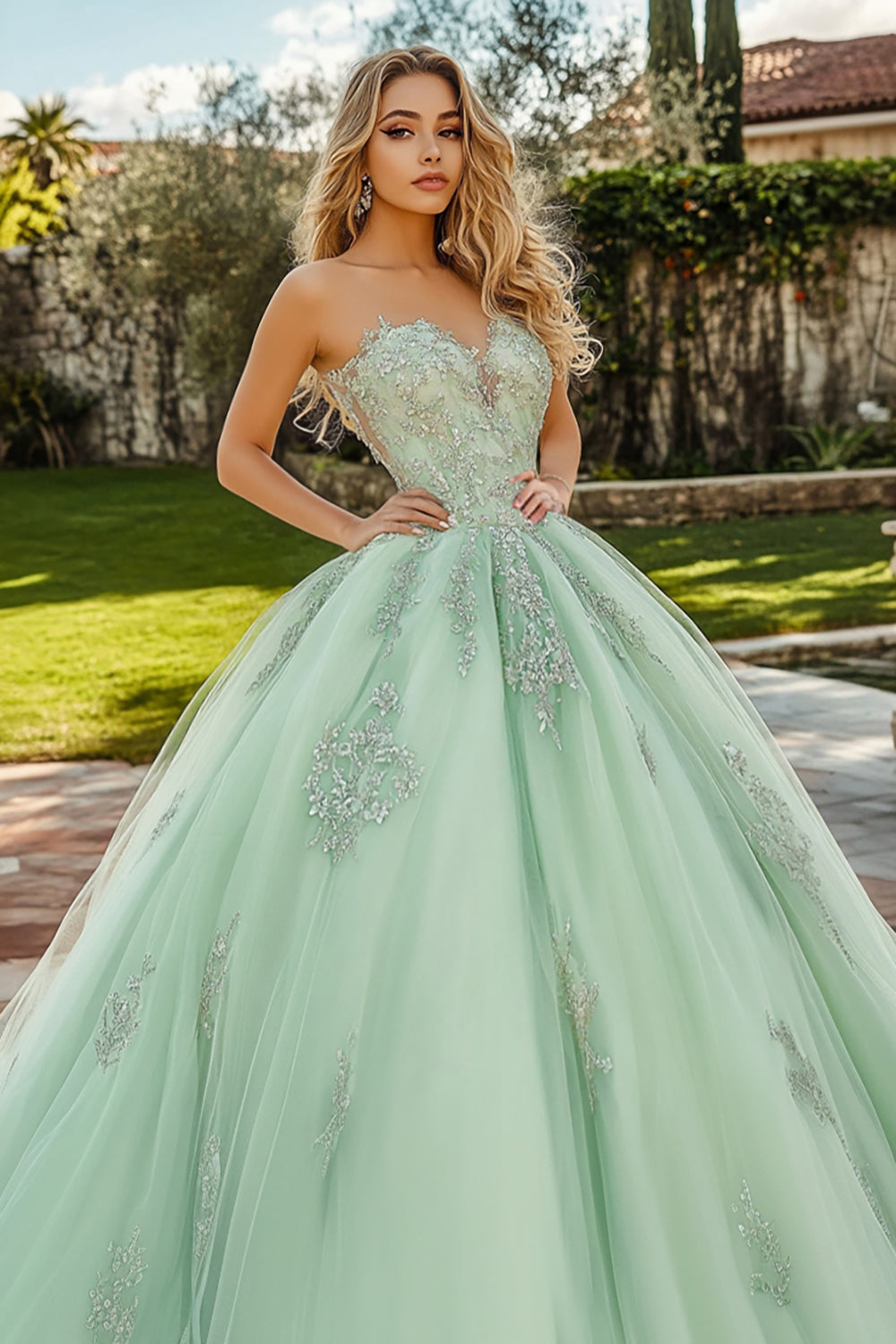 Mint Green Tulle Sweetheart Princess Appliqued Quinceanera Dress