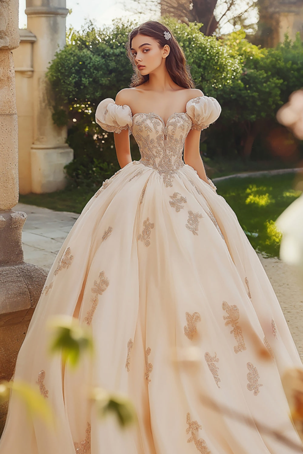 Princess Blush Ball Gown Puff Sleeves Tulle Quinceanera Dress with Appliques