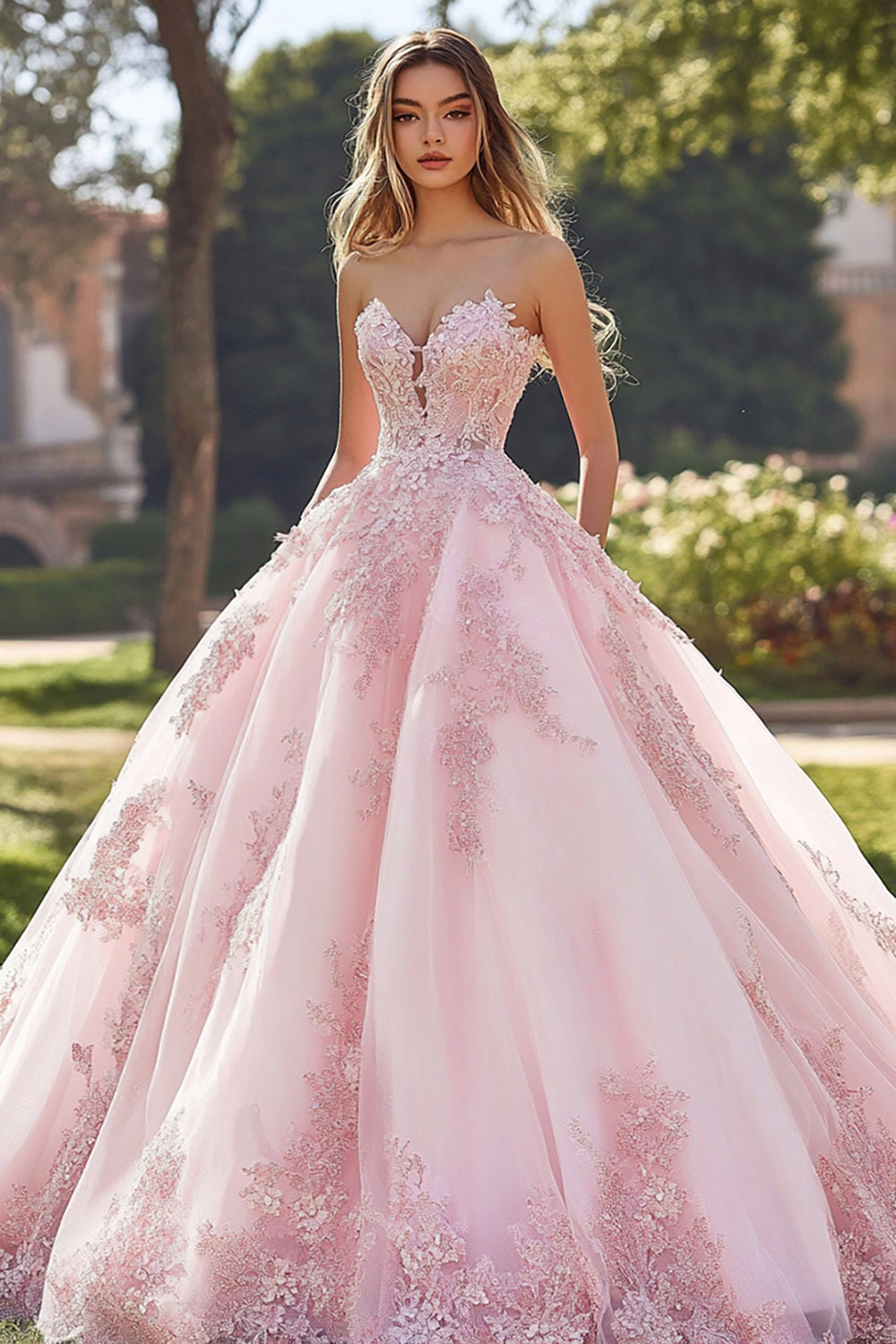 Leely Women Blush Sweetheart Maxi Quinceanera Dress Ball Gown Strapless Tulle Sweet 16 Dress with Appliques