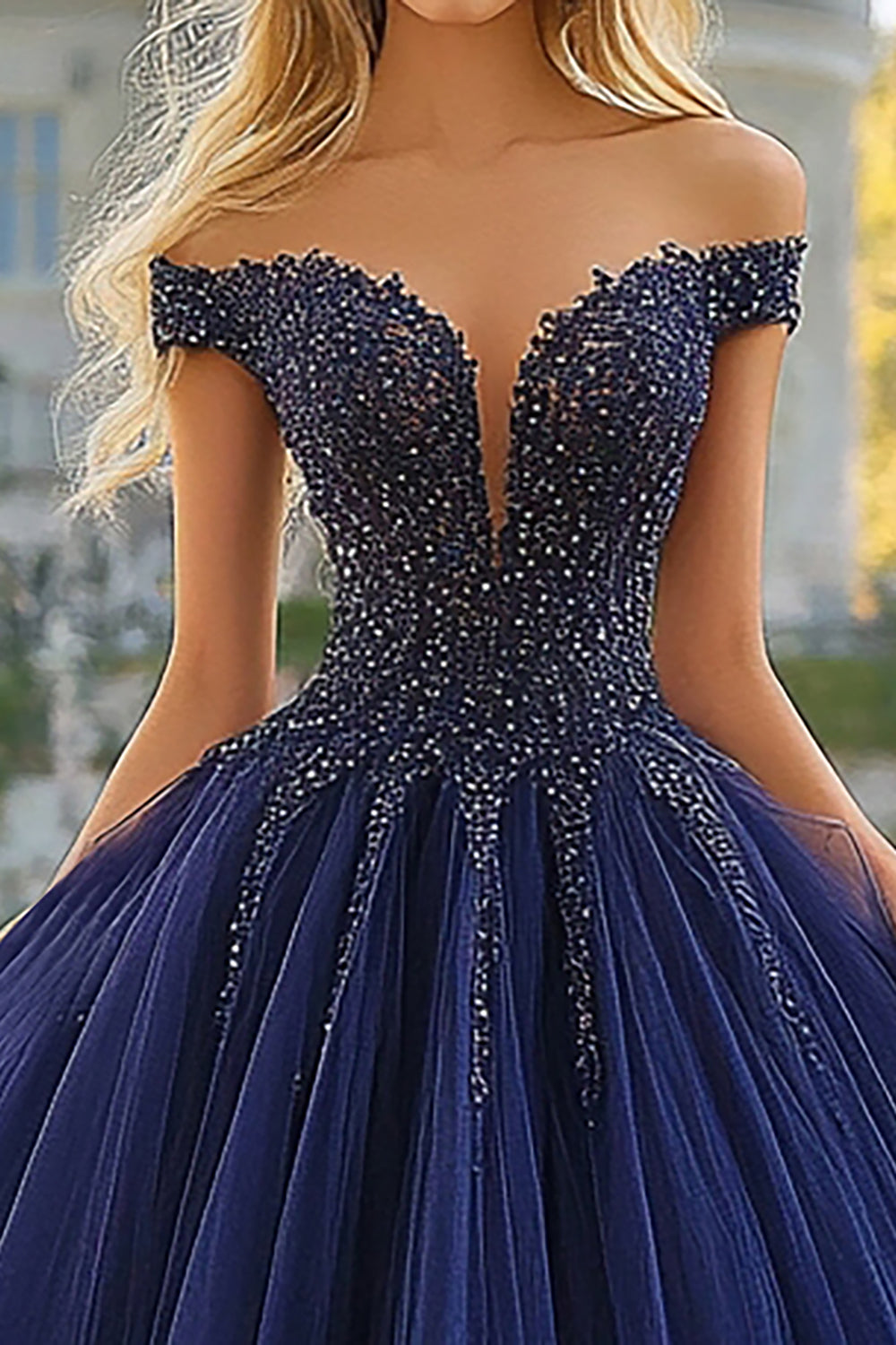 Navy Tulle Ball Gown Strapless Off the Shoulder Maxi Quinceanera Dress