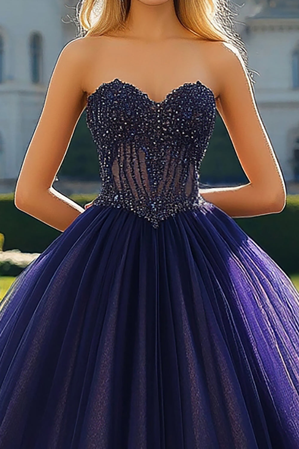 Navy Sweetheart Strapless Ball Gown Maxi Tulle Quinceanera Dress