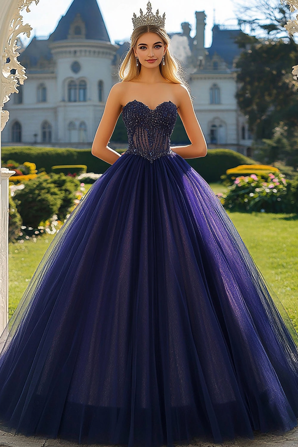 Navy Sweetheart Strapless Ball Gown Maxi Tulle Quinceanera Dress