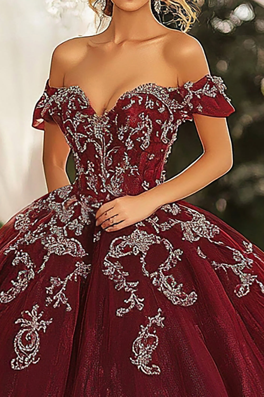 Burgundy Ball Gown Off the Shoulder Appliqued Long Quinceanera Dress