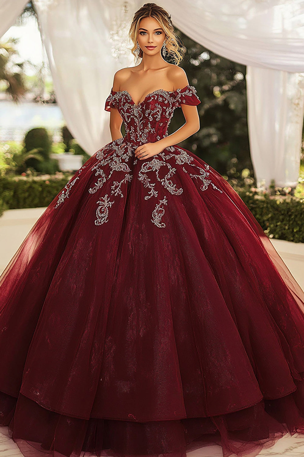 Burgundy Ball Gown Off the Shoulder Appliqued Long Quinceanera Dress