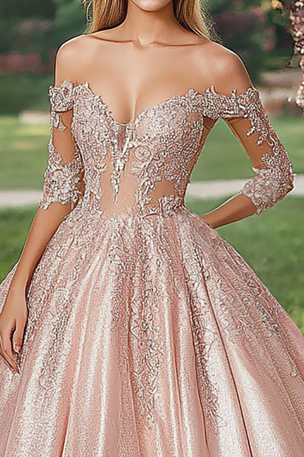 Off The Shoulder Blush Half Sleeves Appliqued Satin Quinceanera Dress