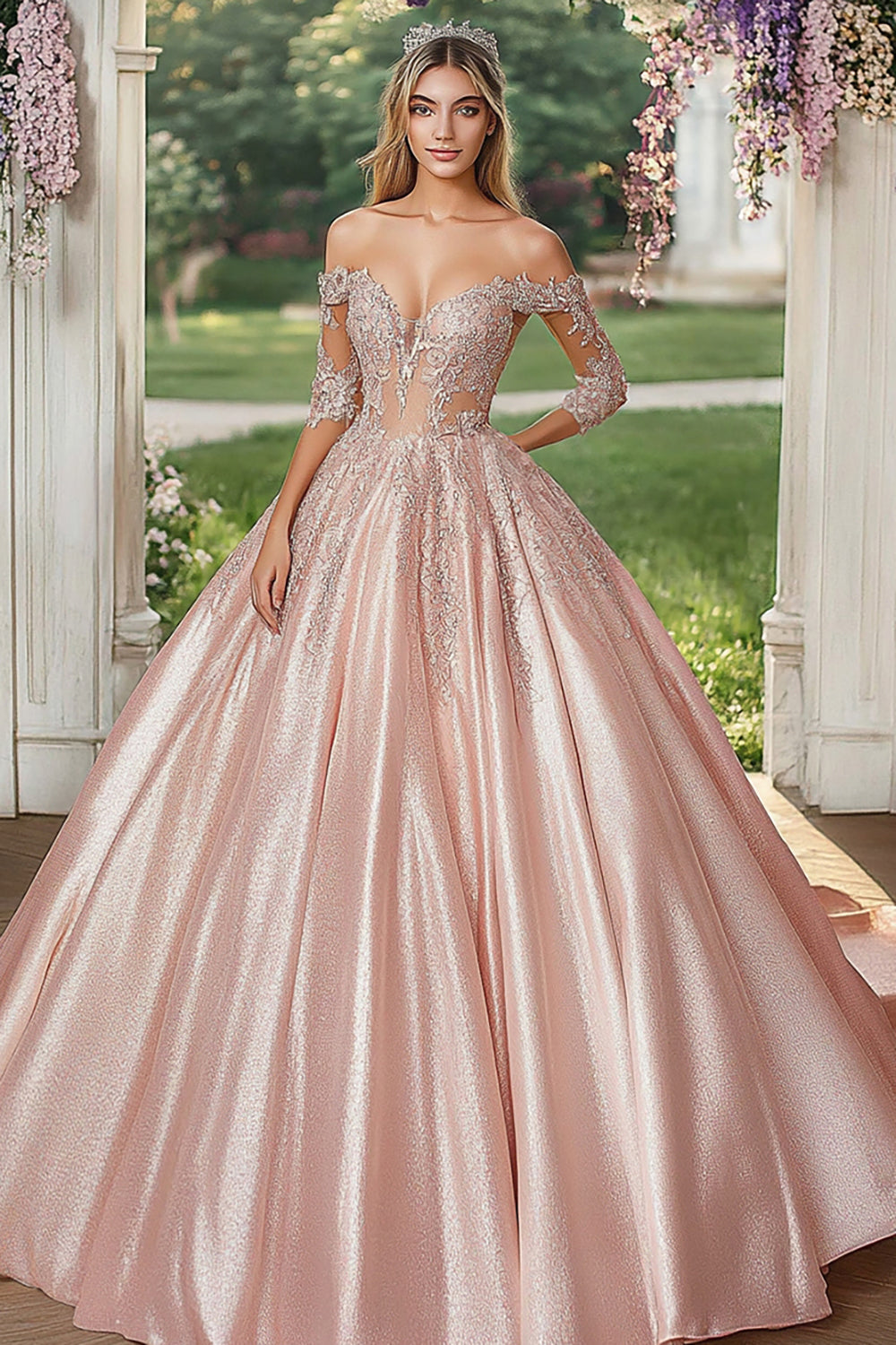 Off The Shoulder Blush Half Sleeves Appliqued Satin Quinceanera Dress