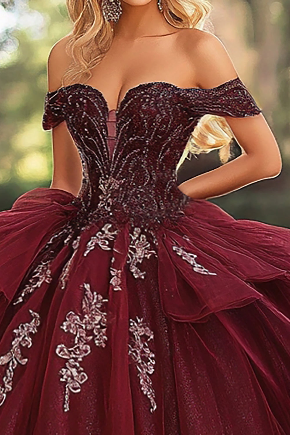 Burgundy Ball Gown Strapless Off The Shoulder Quinceanera Dress
