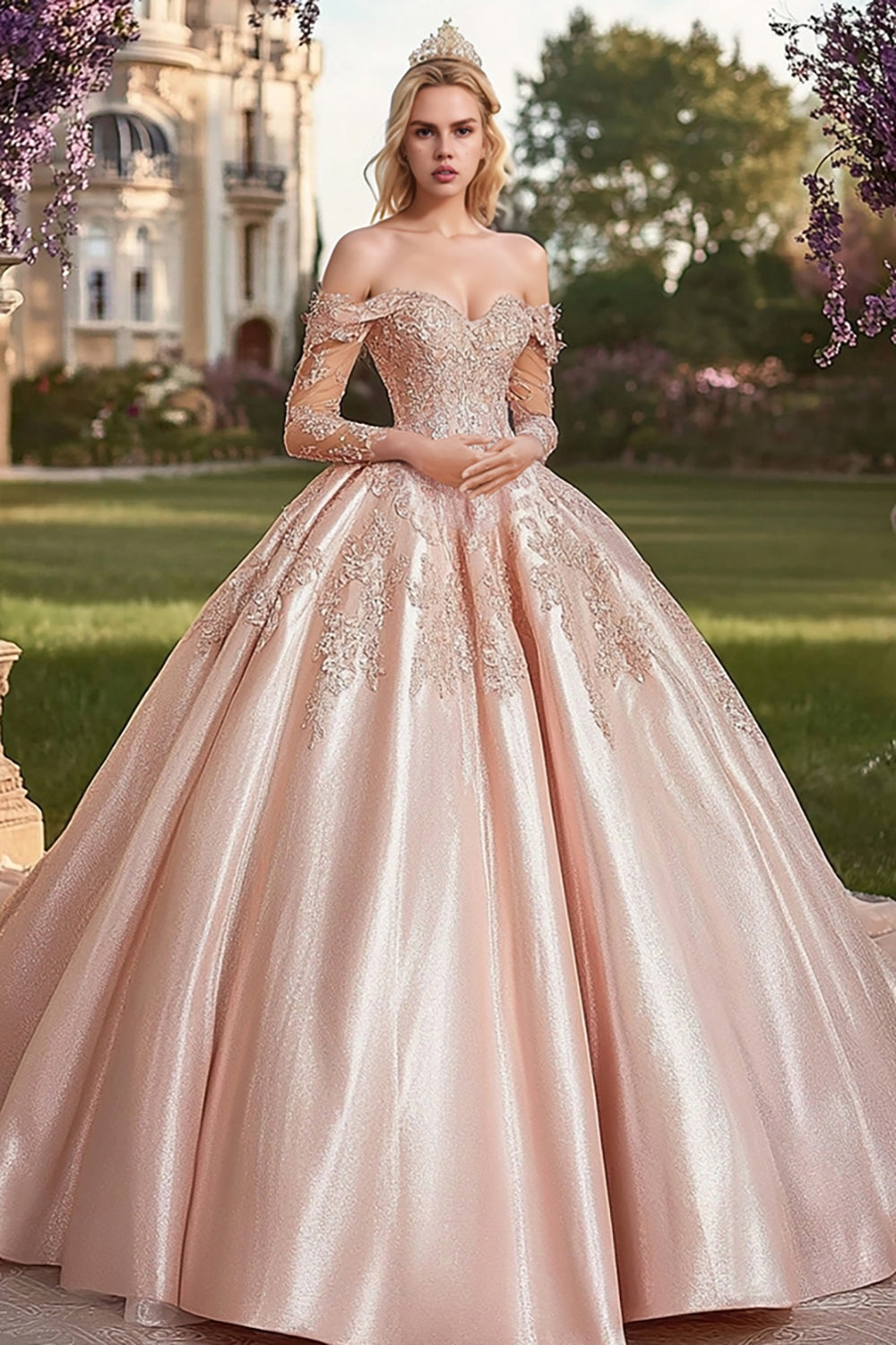 Blush Long Sleeves Off The Shoulder Ball Gown Maxi Quinceanera Dress