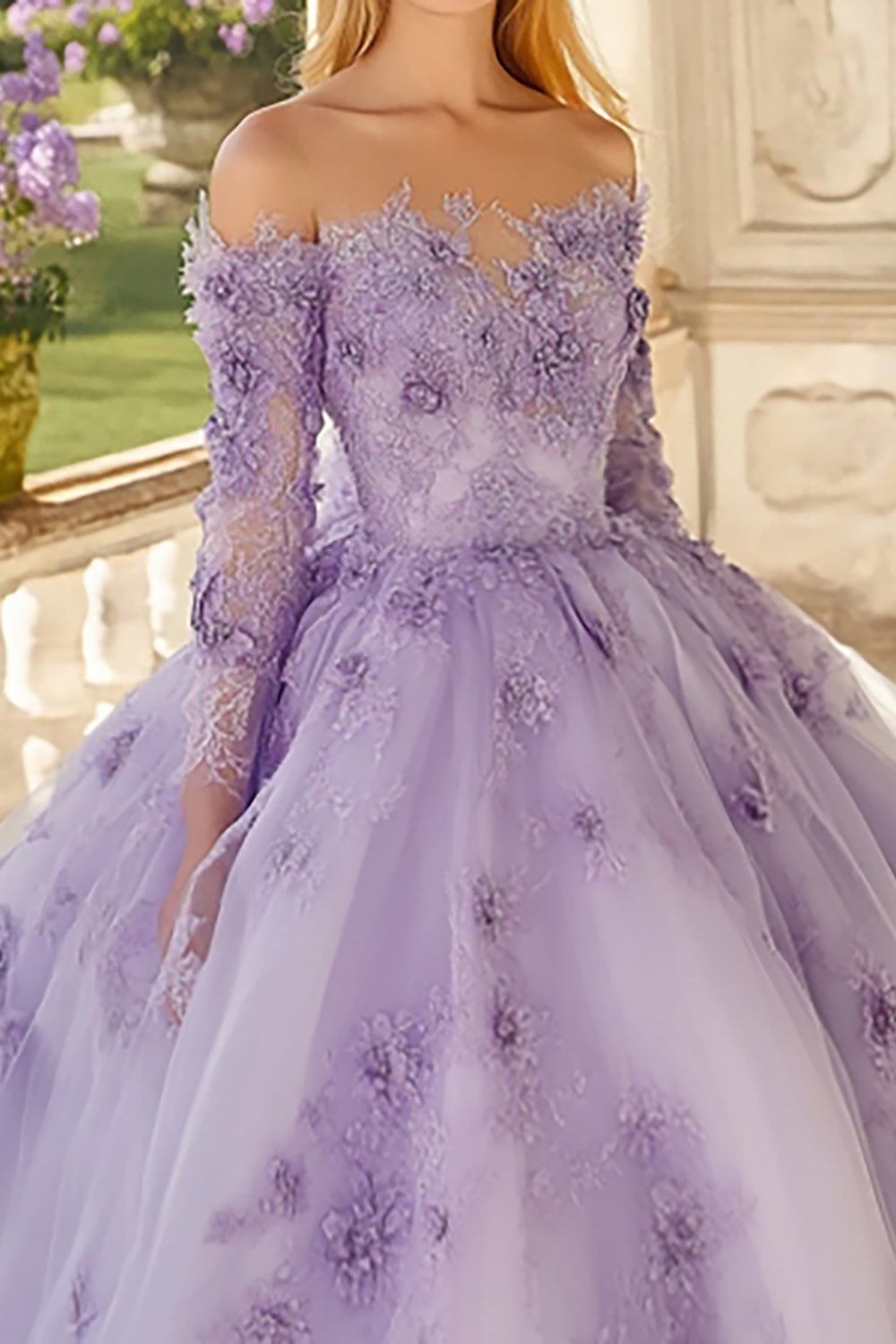 Lilac 3D Flower Long Sleeves Off The Shoulder Ball Gown Maxi Quinceanera Dress