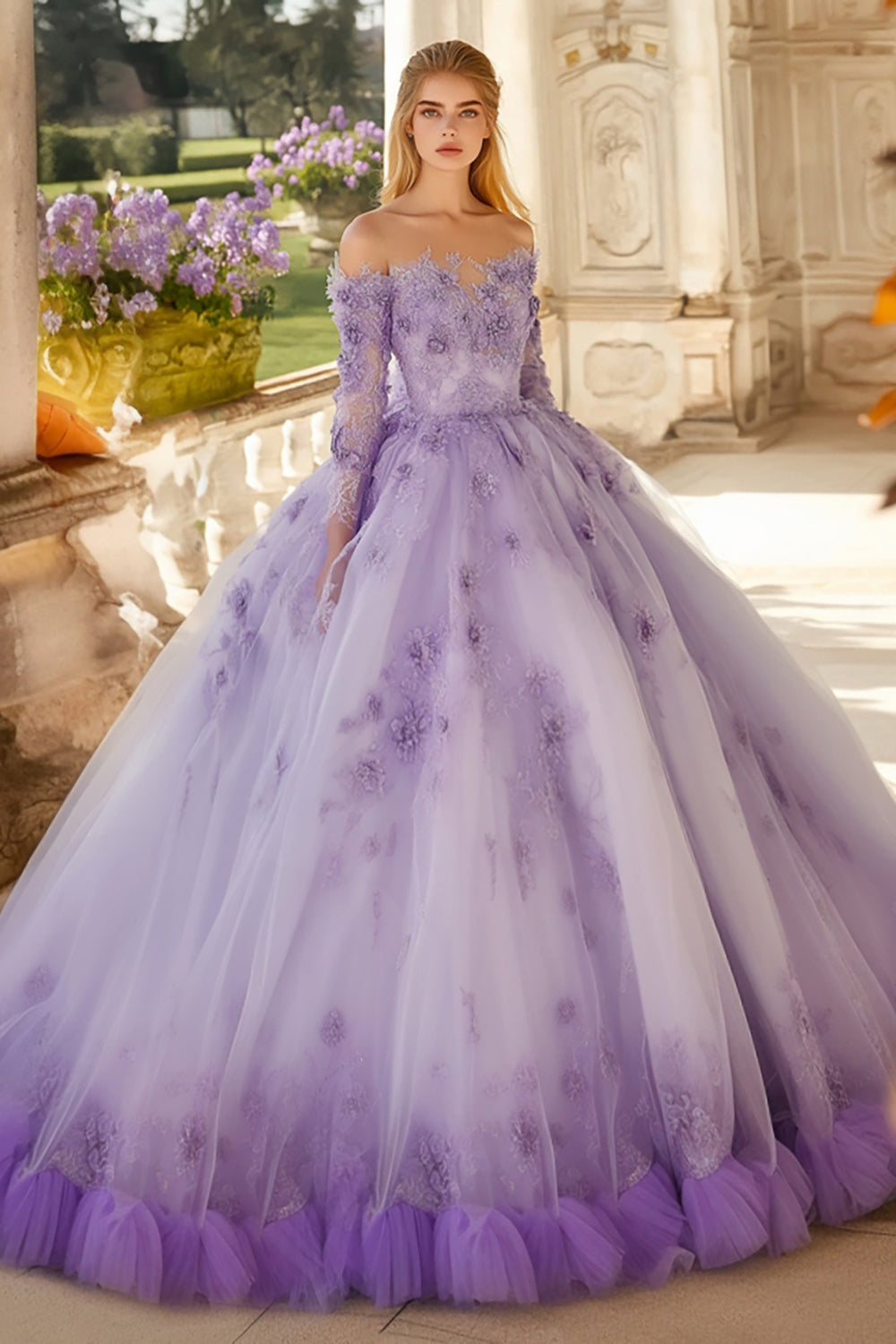 Lilac 3D Flower Long Sleeves Off The Shoulder Ball Gown Maxi Quinceanera Dress