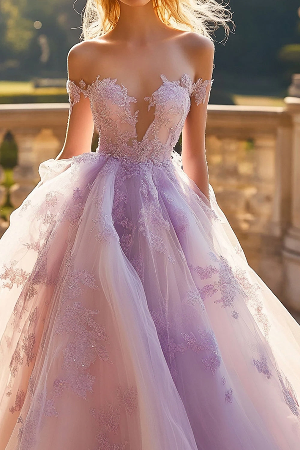 Lilac Ball Gown Off the Shoulder Tulle Quinceanera Dress with Lace Appliques