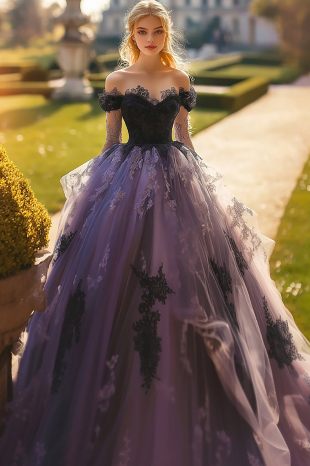 Black Off the Shoulder Maxi Tulle Quinceanera Dress with Lace Appliques