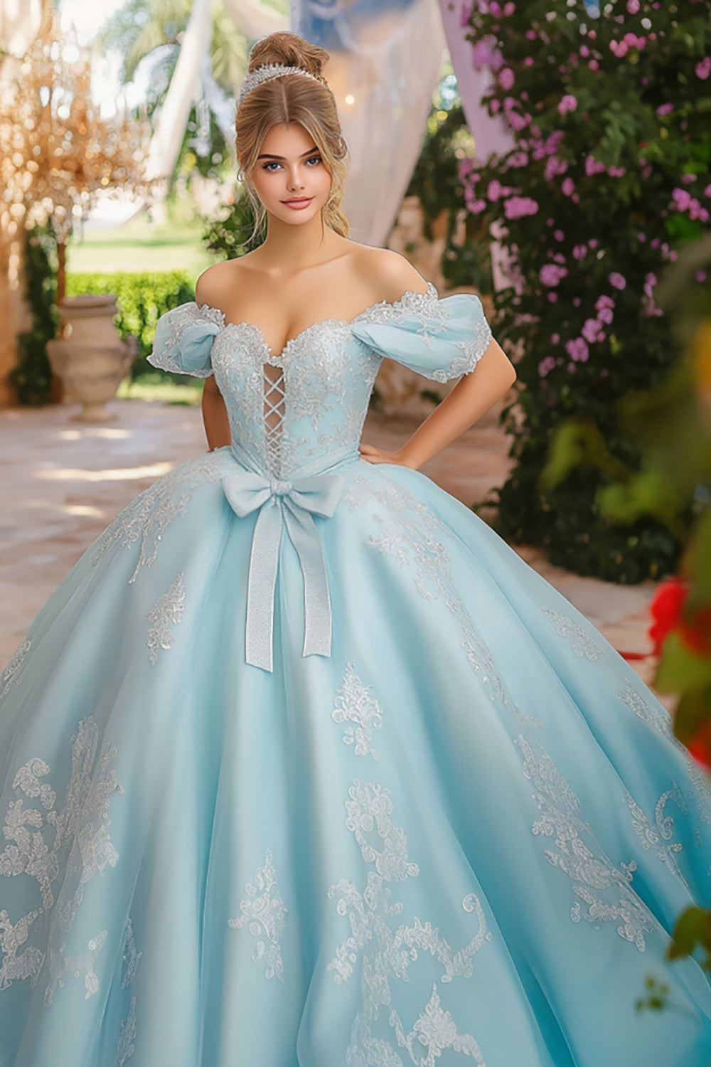 Sky Blue Off the Shoulder Lace-Up Appliques Tulle Quinceanera Dress with Bow