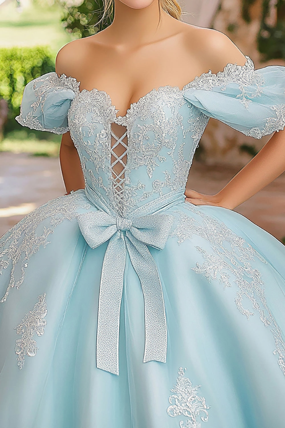 Sky Blue Off the Shoulder Lace-Up Appliques Tulle Quinceanera Dress with Bow
