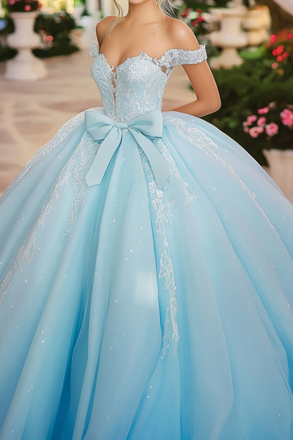 Sky Blue Ball Gown Bow Tulle Quinceanera Dress with Lace Appliques