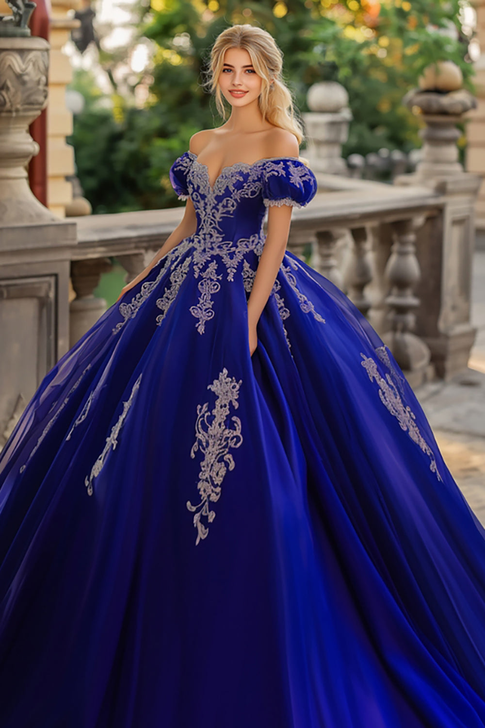 Princess Royal Blue Ball Gown Off the Shoulder Tulle Quinceanera Dress