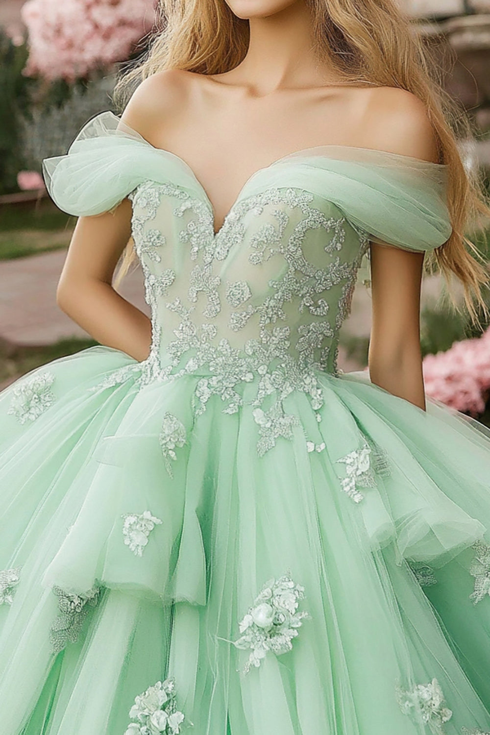 Princess Mint Ball Gown Ruffles Tulle Quinceanera Dress with Lace Appliques