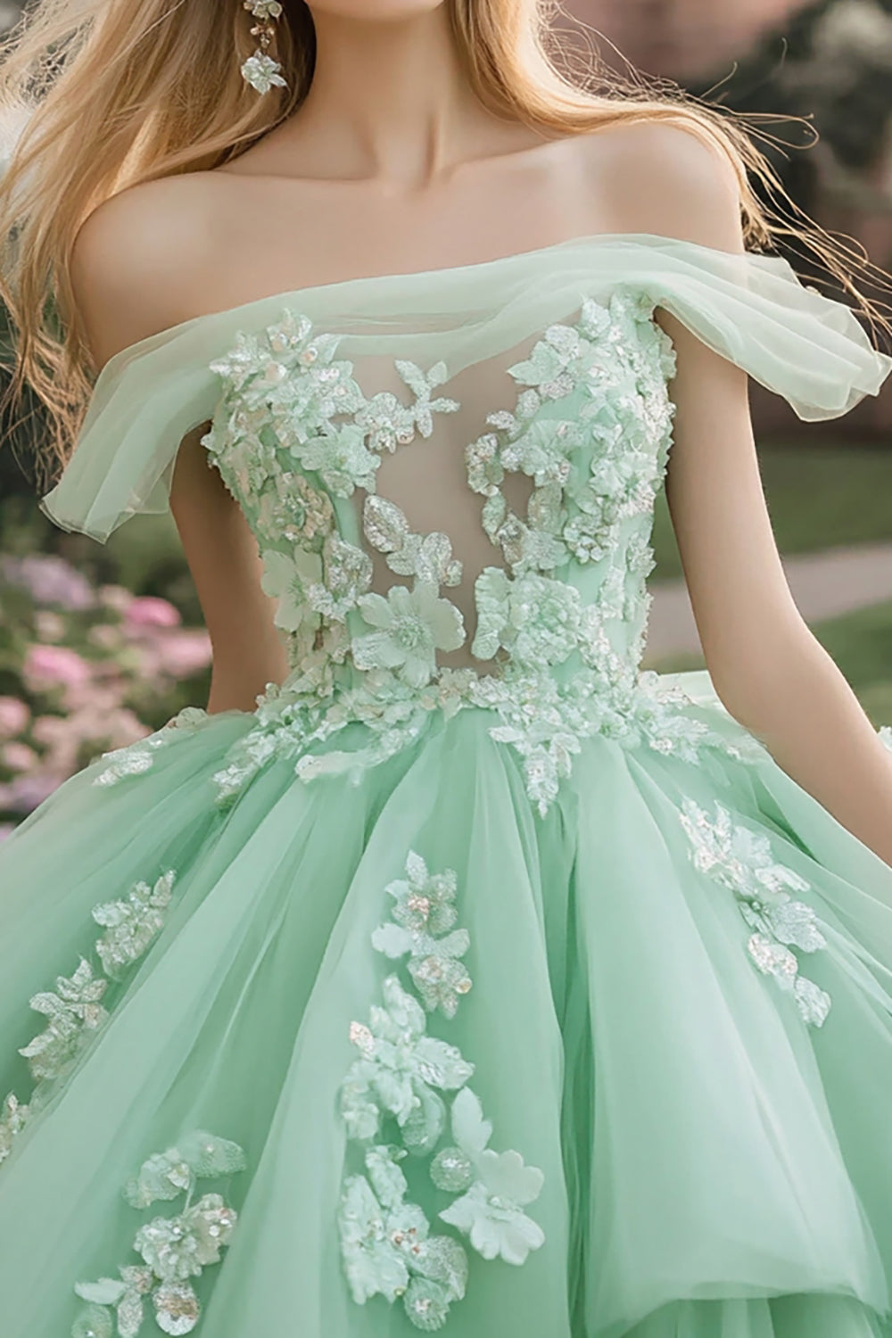 Mint Ball Gown Maxi Ruffles Tulle Quinceanera Dress with Appliques