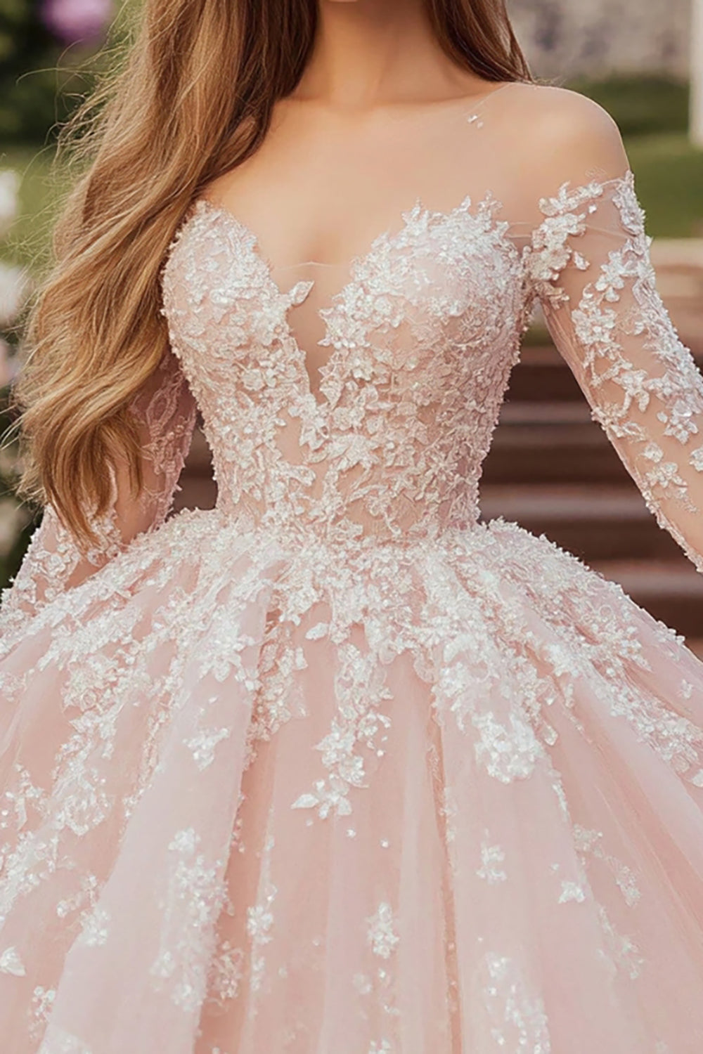 Pink Ball Gown Sweetheart Long Sleeves Tulle Appliqued Quinceanera Dress