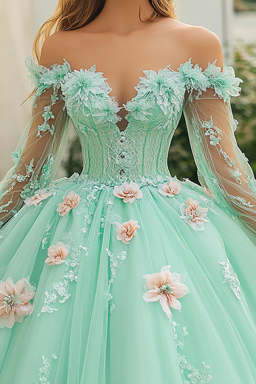 Mint Off The Shoulder Maxi Tulle Quinceanera Dress with 3D Flowers