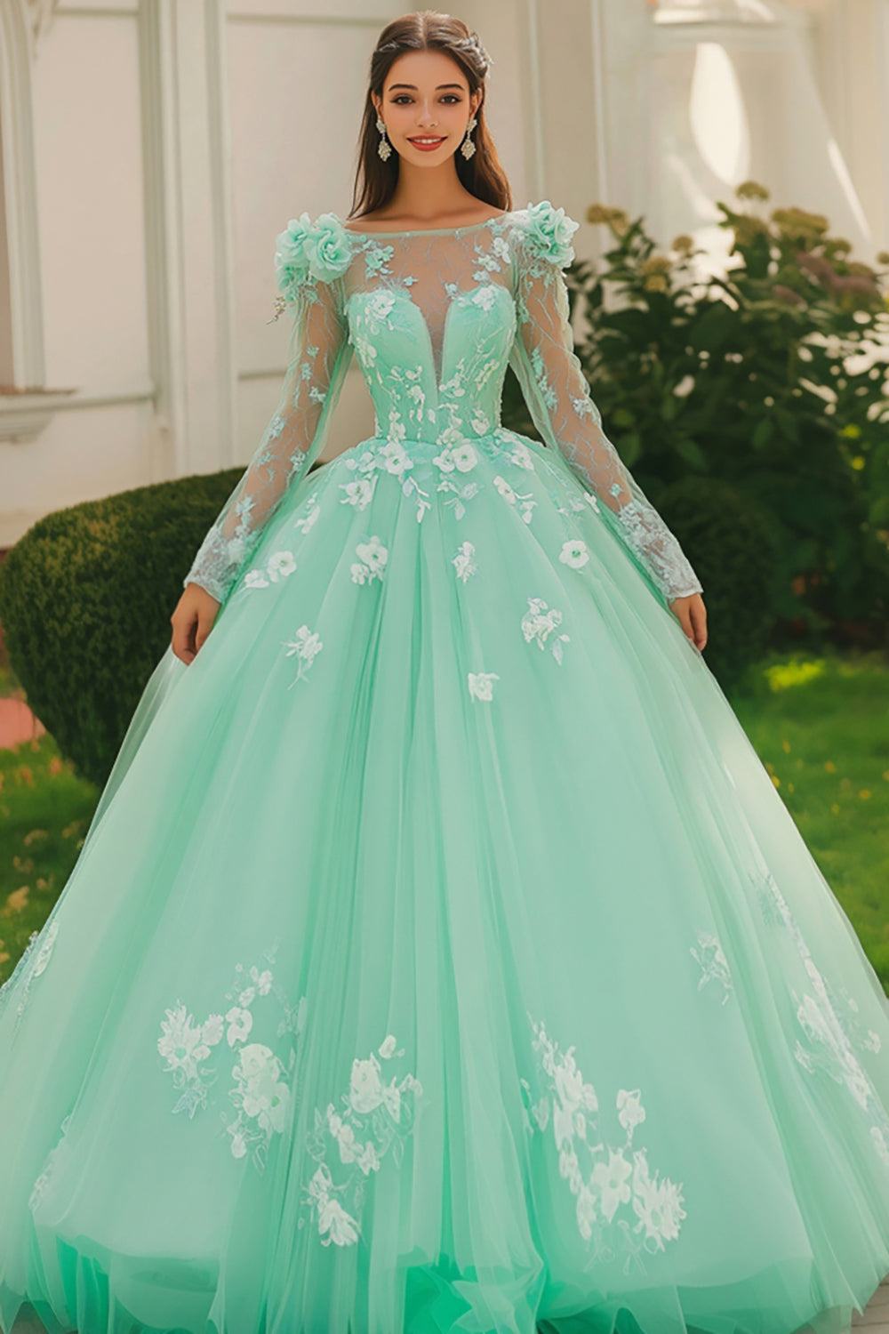 Mint Ball Gown Boat Neck Long Sleeves Appliqued Tulle Quinceanera Dress
