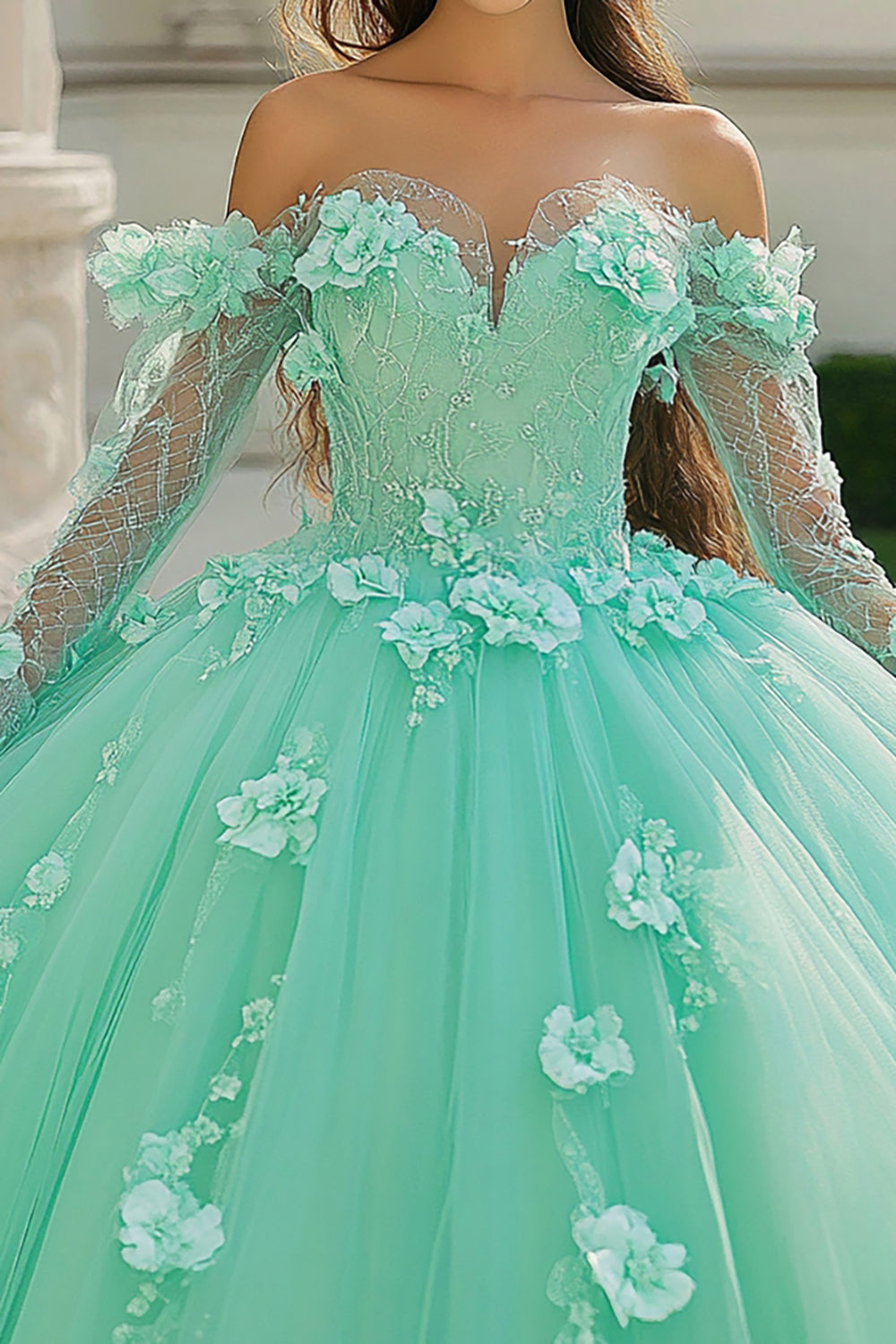 Mint Ball Gown Sweetheart Applique Tulle Quinceanera Dress