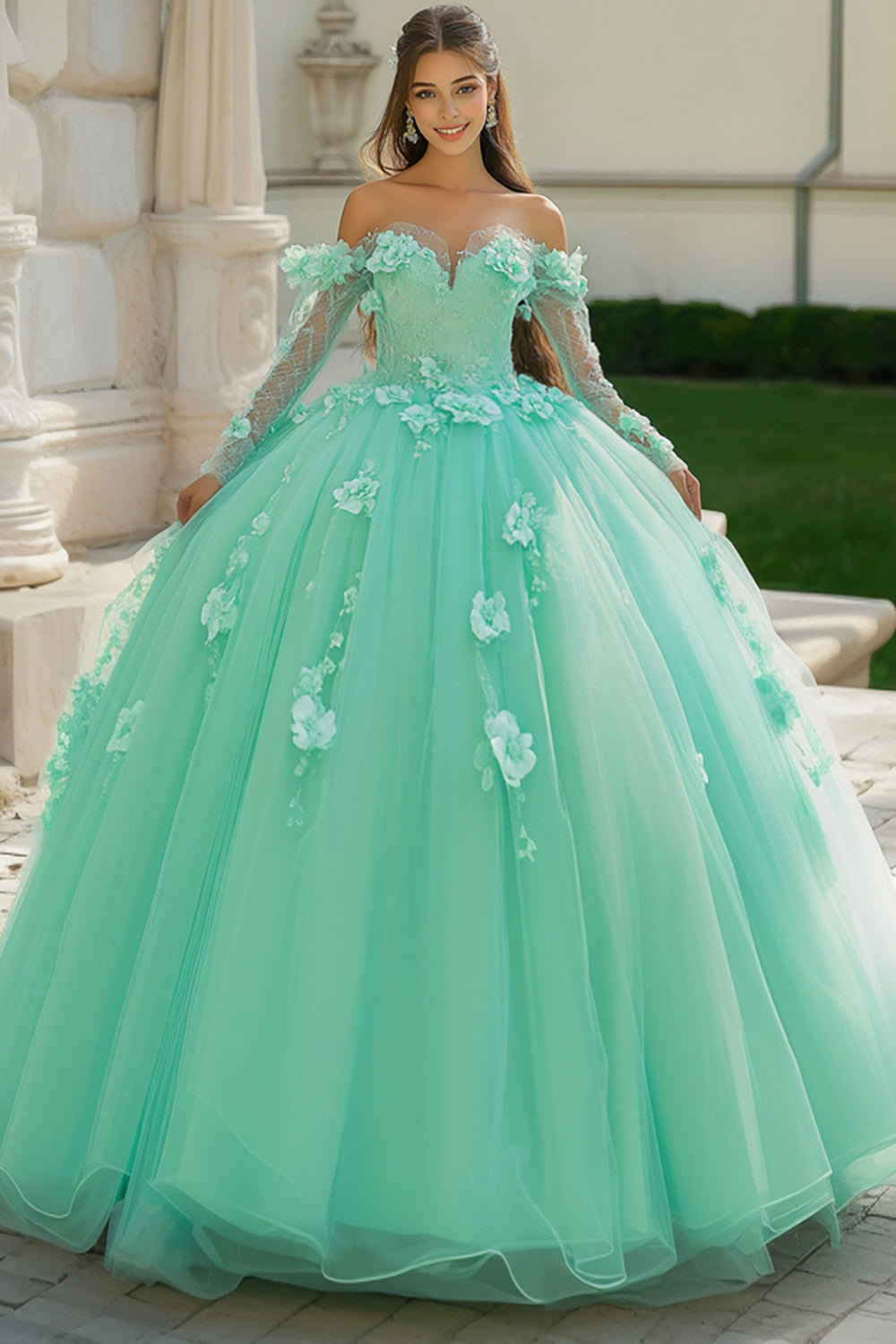 Mint Ball Gown Sweetheart Applique Tulle Quinceanera Dress