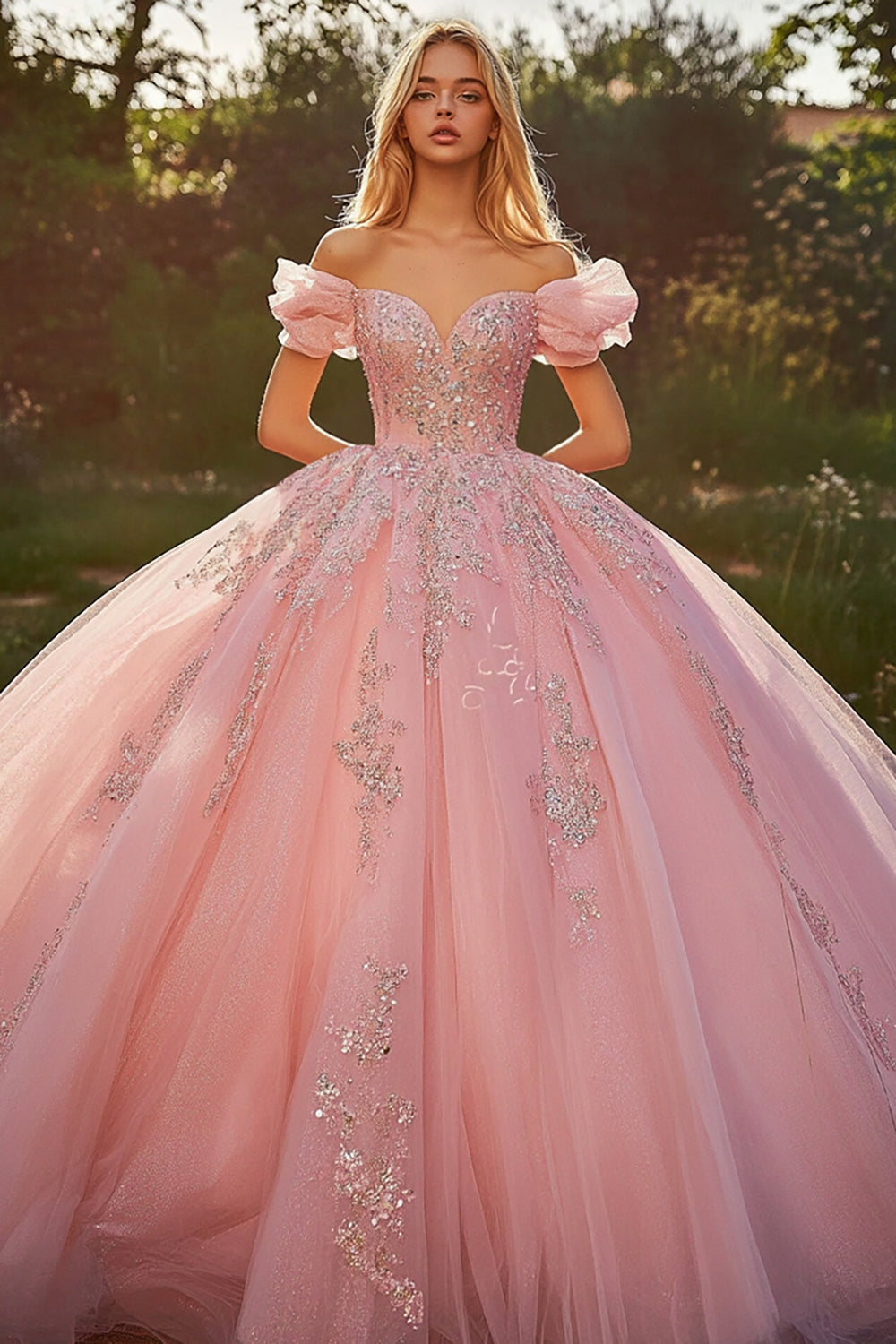 Pink Off The Shoulder Ball Gown Appliqued Quinceanera Dress with Sequins