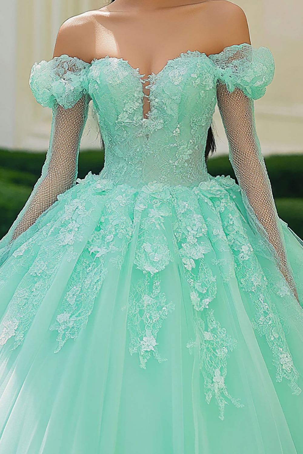 Mint Princess Off The Shoulder Tulle Quinceanera Dress with Lace Applique