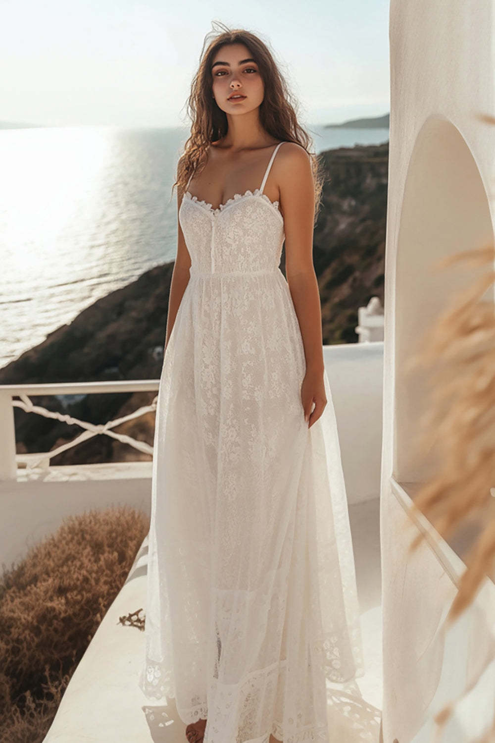 Leely Women White Spaghetti Straps A Line Graduation Dress with Lace Sheath Ankle Length Little White Dress
