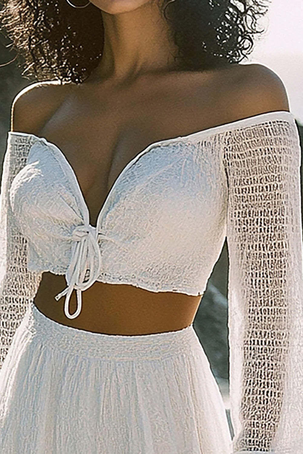 White Off The Shoulder V-Neck Short Graduation Dress with Long Sleeves