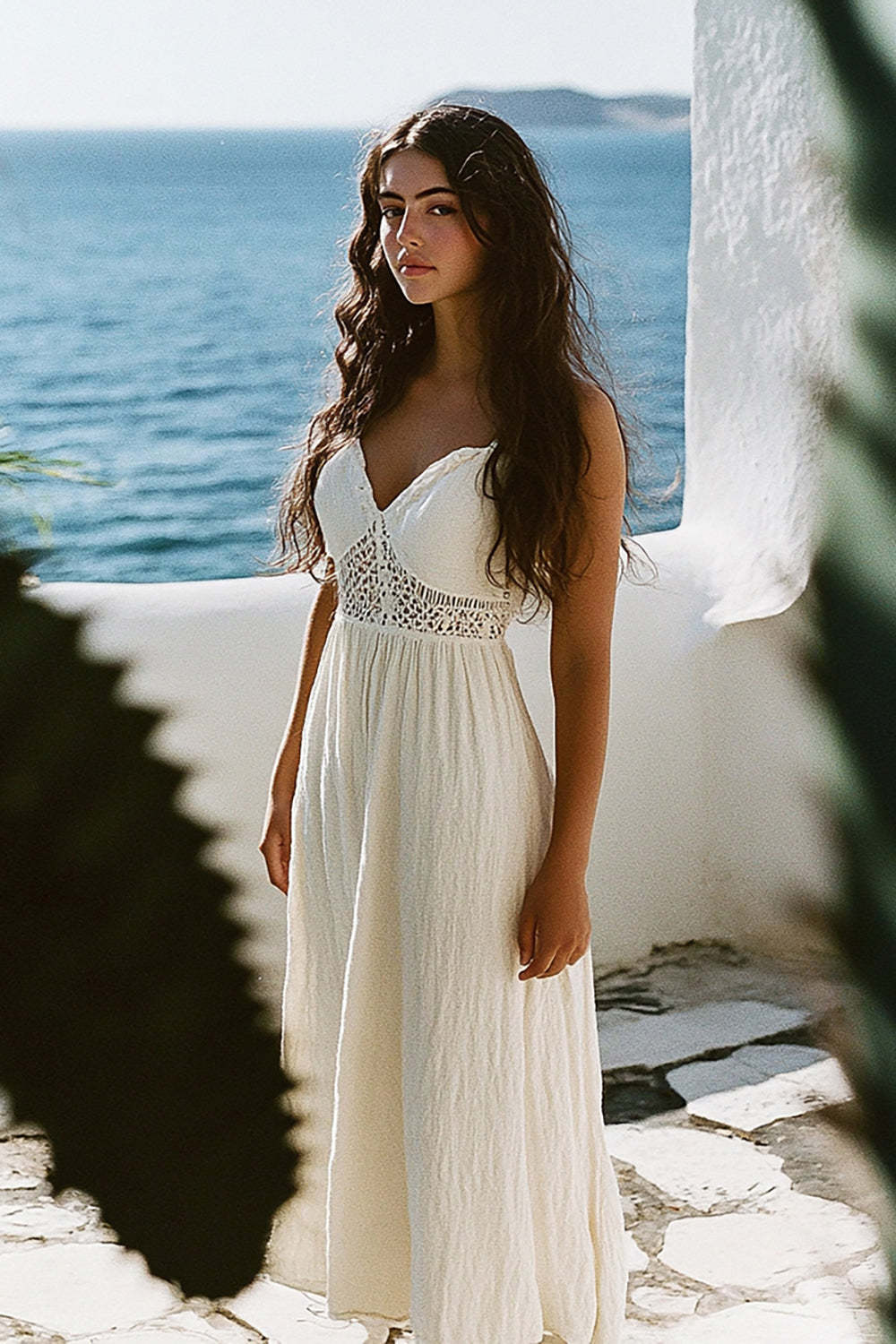 Leely Women White A Line Midi Length V-Neck Graduation Dress Spaghetti Straps Little White Dress