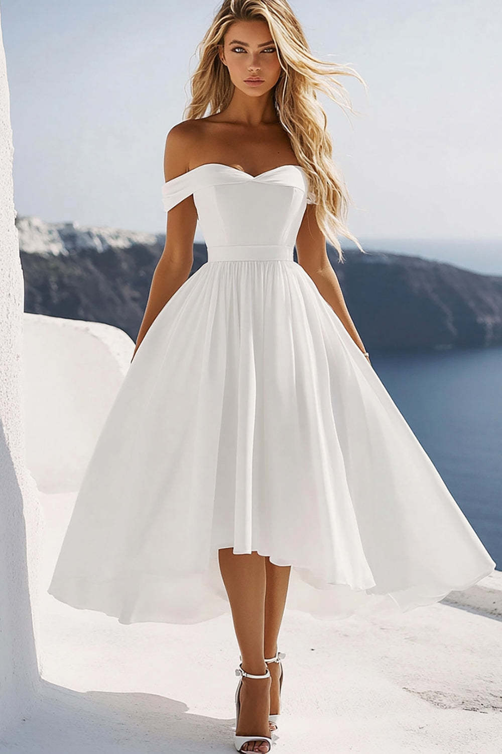 Leely Women White Chiffon A Line Graduation Dress Off the Shoulder Tea Length Little White Dress