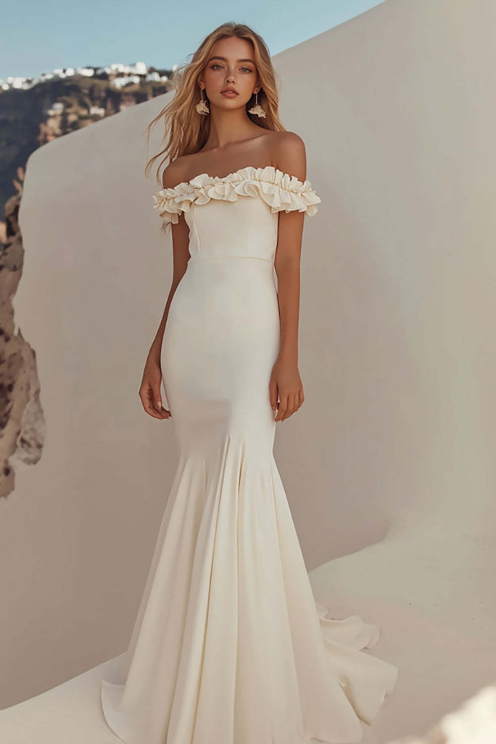 Leely Women White Satin Sheath Graduation Dress with Ruffles Off the Shoulder Floor Length Little White Dress