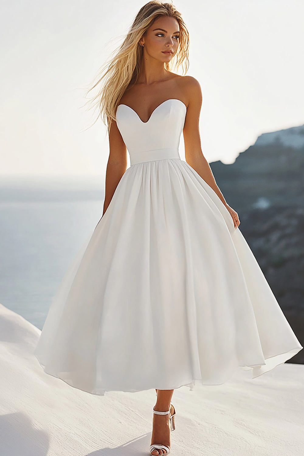 White A Line Sweetheart Tea Length Graduation Dress